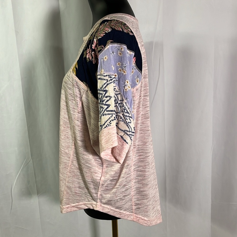 Kori Pink Space Dyed Patchwork Split Neck Oversized Short Sleeve Top - Picture 3 of 16